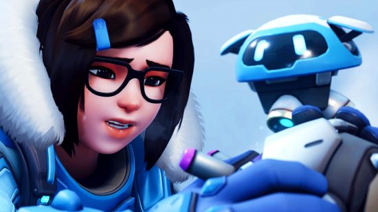 Overwatch 2 Invasion story missions - Mei and Snowball examine an Omnic civilian with attachments on its head.