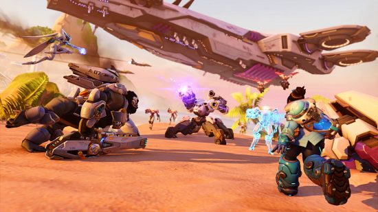 Overwatch 2 Invasion story missions - several heroes fight Null Sector forces on the beaches of Rio de Janiero.