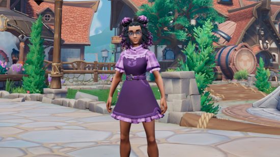 Palia fuses RuneScape and Stardew Valley, but there are still flaws: A woman of color wearing a purple dress over a lilac and pink checked shirt stands in a town area