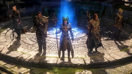 Path of Exile 2 release date - several different character classes stand side-by-side before a waypoint.