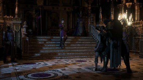 Path of Exile 2 release date - a woman dressed in purple stands halfway down a short stair set, addressing a person who is being held captive.