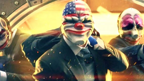 Payday 2 steam sale: a man in a suit and a clown mask with the American flag on it, holding duffle bag over his shoulder