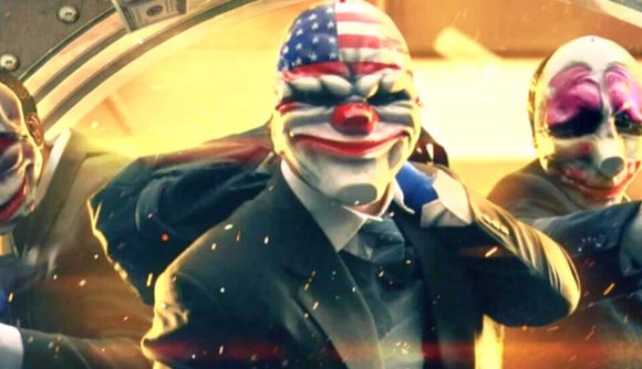 Payday 2 steam sale: a man in a suit and a clown mask with the American flag on it, holding duffle bag over his shoulder