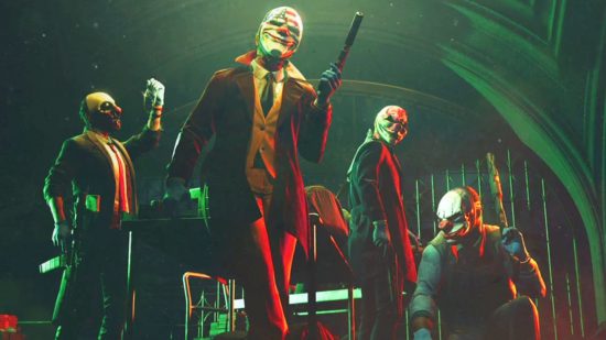 A crew of four masked thieves stand around their loot in new game Payday 3.