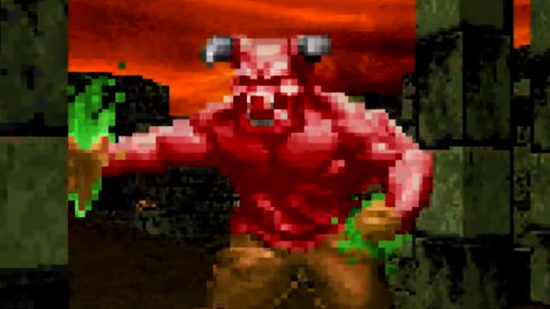 QuakeCon 2023 sale - A horned, crimson demon known as the Baron of Hell hurls green hellfire at you.