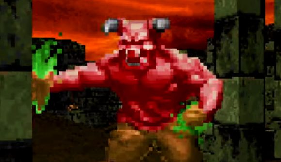 QuakeCon 2023 sale - A horned, crimson demon known as the Baron of Hell hurls green hellfire at you.
