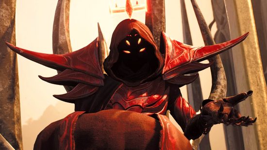 Remnant 2 - A figure wearing red clothing with large spiked shoulder pads. Numerous glowing eyes are visible from the dark shroud under its hood.
