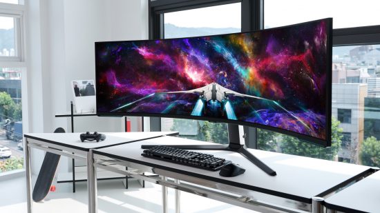 Samsung Odyssey Neo G9 57-inch gaming monitor rests atop a white desk