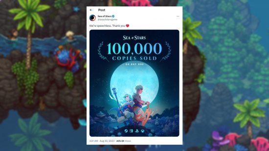 A tweet from the Sea of Stars developers Sabotage Studio showing that the game sold 100k copies on day one
