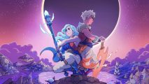 A young woman with long blue hair crouches on a mountaintop holding an icy staff with he back to a boy standing holding a flaming sword in front of a huge lunar exclipse