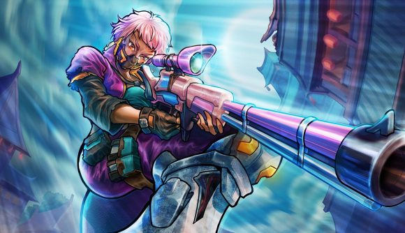 Slay the Spire meets Street Fighter in new Steam roguelike: A woman of color with bright pink messy hair in a purple jacket looks down a sniper rifle barrel as clouds part around her
