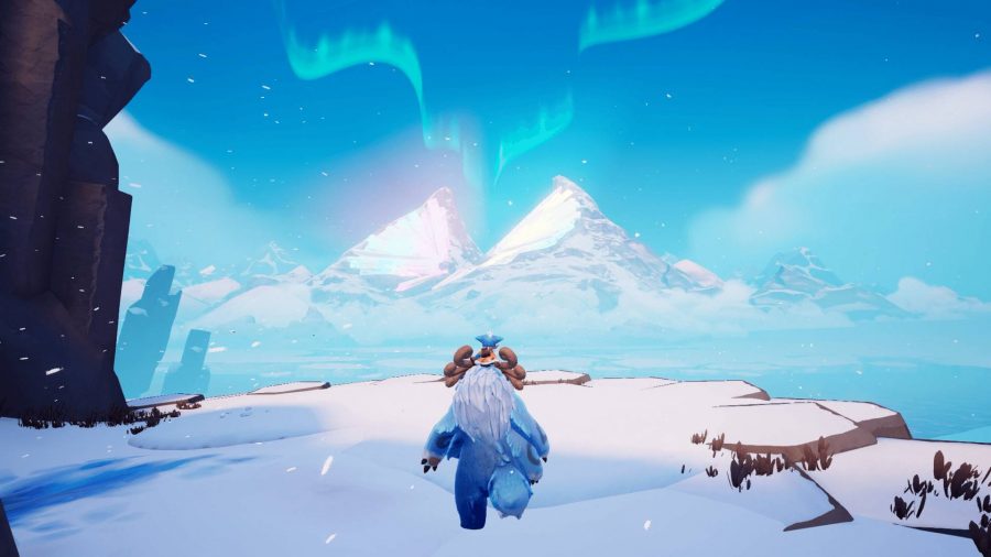 A huge yeti with a little boy sitting on top of him runs through an icy area with a huge mountain in front of them