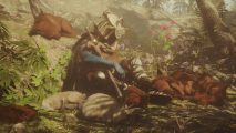 Soulframe is Elden Ring meets Ghost of Tsushima as a “cozy” MMO: An armored character sits sleeping in a wooded area surrounded by small sleeping woodland animals