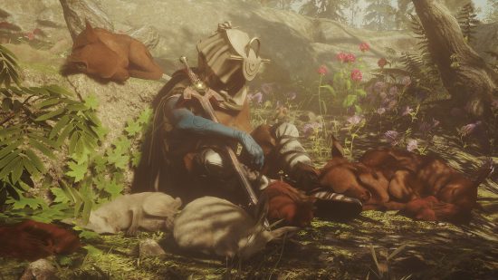 Soulframe is Elden Ring meets Ghost of Tsushima as a “cozy” MMO: An armored character sits sleeping in a wooded area surrounded by small sleeping woodland animals
