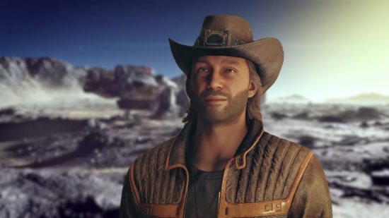 Starfield backgrounds: a man wearing a cowboy hat stands in front of a blurry background.