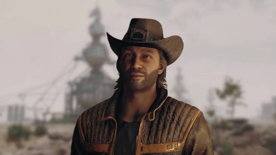 Sam Coe, one of the Starfield companions, is standing in front of a research facility in Freespace. He is wearing a cowboy hat and leather jacket.