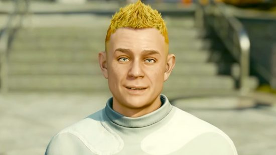 The Adoring Fan, identificable por su cabello amarillo eléctrico y su sonrisa tonta, uno de varios compañeros de Starfield.