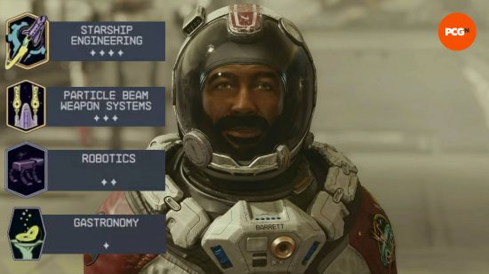 Barrett is one of the Starfield companions and his four skills are shown on the left side of the screen.