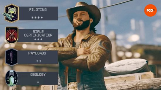Sam Coe is another one of the Starfield companions and he's wearing a cowboy hat. His four skills are shown on the left side of the screen.