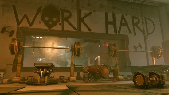 A Starfield Crimson Fleet pirate hard at work at the gym doing some push ups. Weights are behind him and graffiti saying "Work Hard" with a skull instead of the O is on the wall.