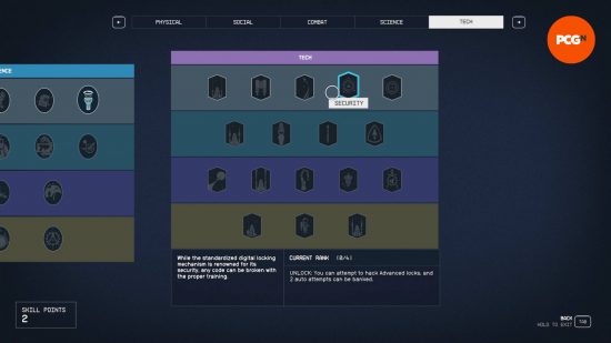 The Starfield digipick can be upgraded to unlock more advanced locks by selecting the Security skill in the Tech tree as shown here.