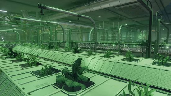 A hydroponics lab with some plants in pots up close, while a row of glowing Nirnroots can be seen in the background.