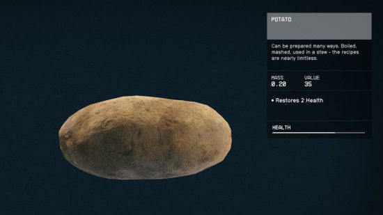 A potato, along with its Starfield Easter Egg, which is its Lord of the Rings-inspired description. It reads: "Can be prepared many ways. Boiled, mashed, used in a stew - the recipes are nearly limitless."