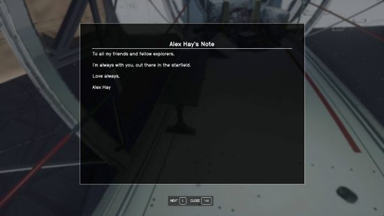 Alex Hay's note is one of the more bittersweet Starfield Easter Eggs you can find as it's a tribute to a fan who sadly couldn't play the game.