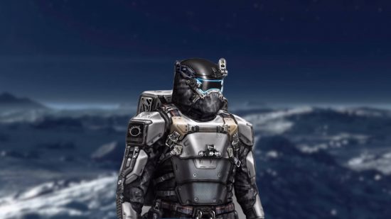 One of the Starfield Ecliptic Mercenaries standing against a blurred image of a moon.