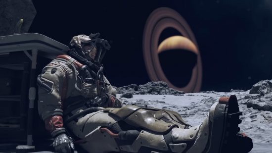 Starfield crew: a man in a space suit is stranded on a barren moon.