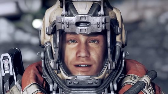 A close up of Starfield's Heller wearing his orange and white Argos Extractors space suit, including his helmet.