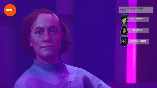 Mickey Caviar, a balding, self-professed celebrity chef as he appears under the purple lights of the Astral Lounge, the only companion available to recruit in Starfield Neon city.