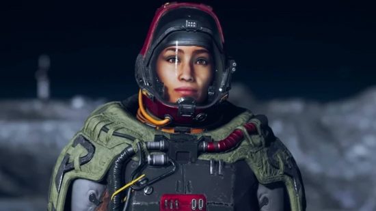 Starfield art director warns NPCs will be "messy": A white woman in a kahaki spacesuit stands on a dark planet