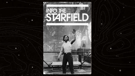 The player character stands in Neon City in Starfield photo mode, framed by a magazine filter with a greyscale colour scheme.