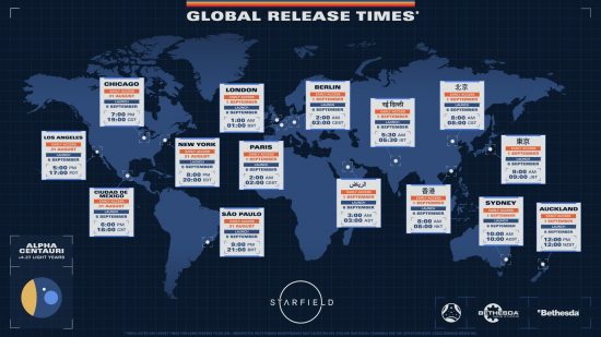 Starfield early access release times shown on a map of the world.