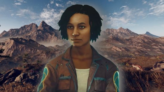 Starfield release time and early access for all regions: A black woman stands on a mountainous background with a blue sky