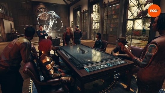 Constellation members huddle around a table in the faction's Masonic lodge, the artifacts coalescing into an atomic shape behind them as we pursue the main questline for our Starfield review.