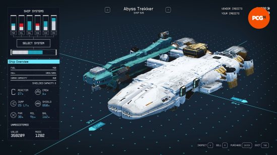 An enormous ship features in Starfield's ship builder, a matte white structure with an industrial side carriage for cargo and weapons, a major part of customization in our Starfield review.