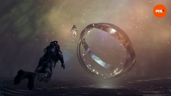 The player character approaches an enormous structure consisting of concentric rings that spin lazily, motes of light dancing around it within a darkened temple, just one of many discoveries in our Starfield review.