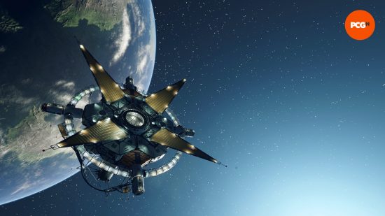 The Eye, a futuristic star-shaped space station, hangs in space surrounded by stars above the planet Jemison, the home of New Atlantis and our primary hub world in our Starfield review.