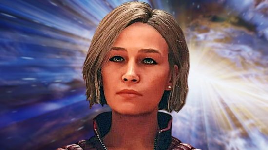 A close up on the face of Starfield's Sarah Morgan, the commander of the Constellation team.