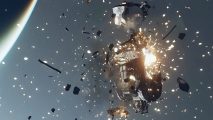 Starfield Shattered Space DLC: Some Space trash explodes into pieces in space.