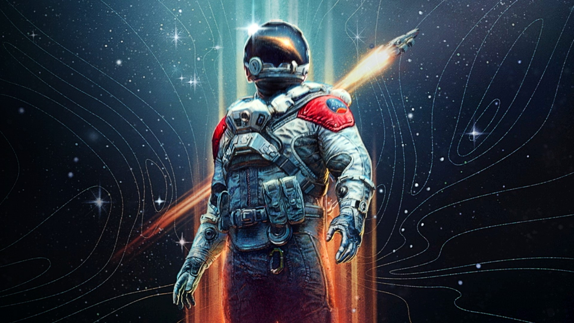 A figure in a Starfield space suit looks up at the sky as a sun cresting over the surface of a planet reflects in the suit's visor.
