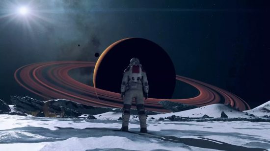 Cronología de Starfield: un miembro de la Constelación se encuentra en una luna estéril mirando un planeta anillado que se cierne ante ellos.