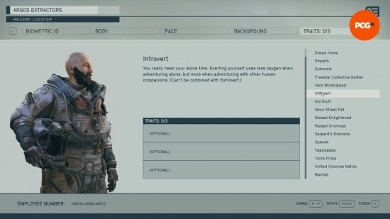 The Introvert perk as explained in the Starfield traits screen during character creation.