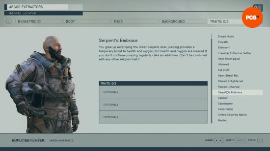Serpent's Embrace is described on the character creation screen as one of the Starfield traits that focuses on religious beliefs.