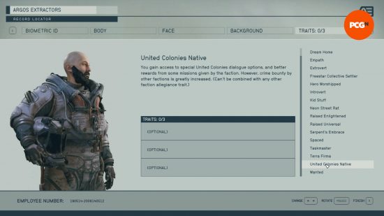 The Starfield traits listed during character creation screen is highlighting United Colonies Native.