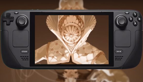 Art from the Blasphemous 2 announcement trailer on the screen of a Steam Deck.