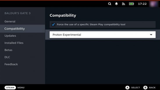 A screenshot of the compatibility settings on the screen of a Steam Deck.