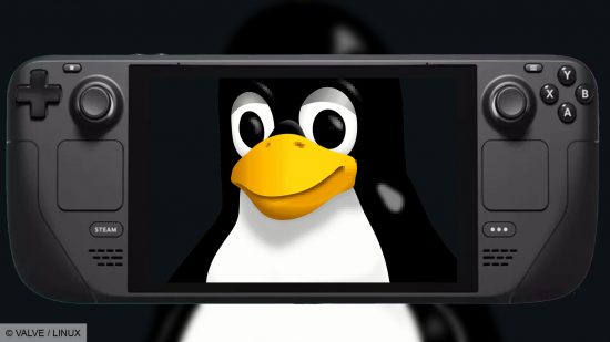 An image of the Linux logo on the screen of a Steam Deck.